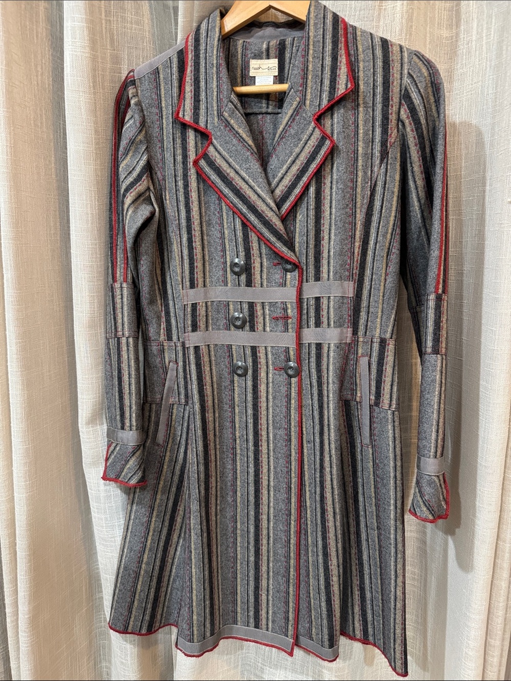 Tailored Grey Striped Long-Sleeve Dress with Red Trim